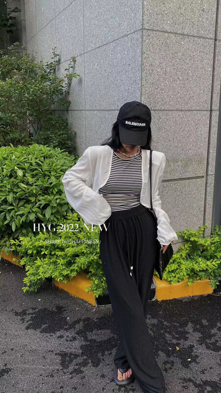 [top] elastic waist pure black versatile casual pants 1116# zjy
