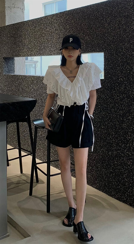 [ID] summer Ruffle design versatile shirt 9533# LSL
