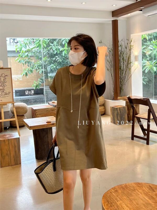 [liu-y] casual short sleeved dress with chain at neck (with chain) 16838# XJ