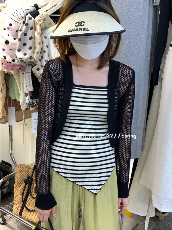 [mint tea] hollowed out long sleeved cardigan + striped sling set 22195 \zjy