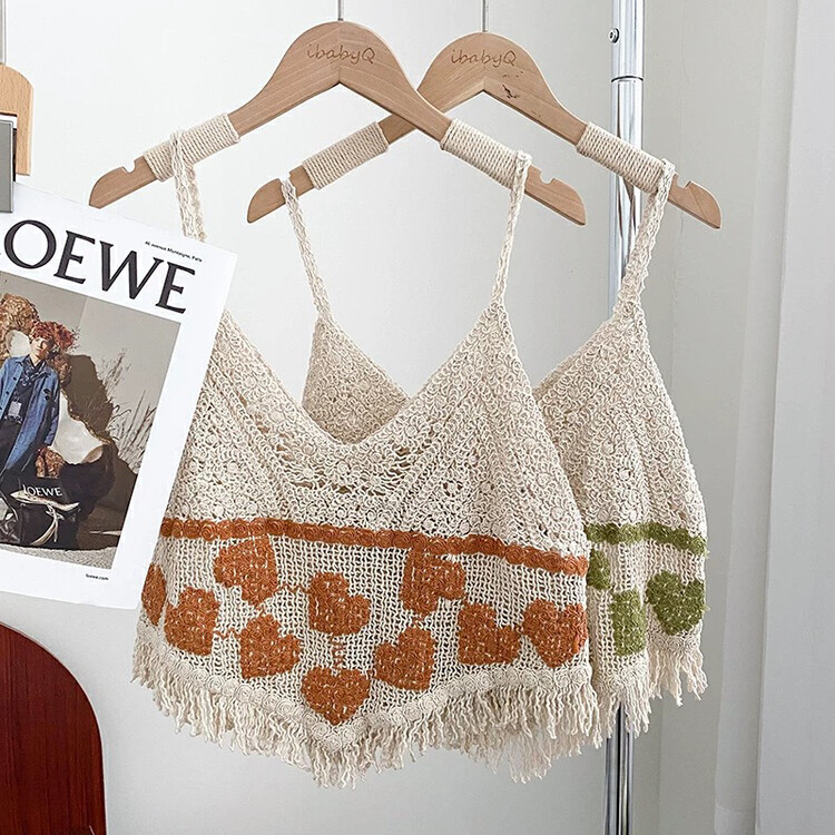 [Gangan] embroidered hollow out hook flower irregular tassel hem love printed vest / suspender 2814# Cl