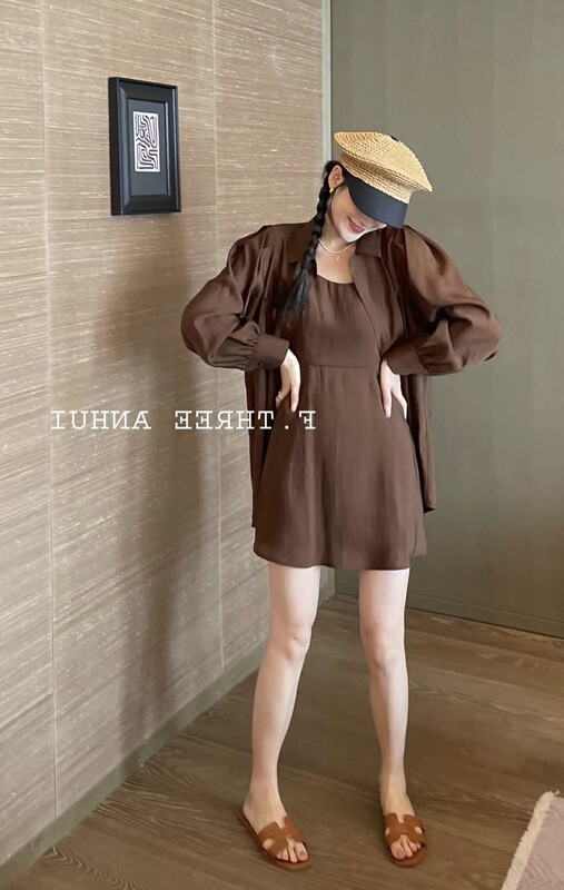 [top] solid color long sleeved loose shirt + suspender short dress set 9310# zjy