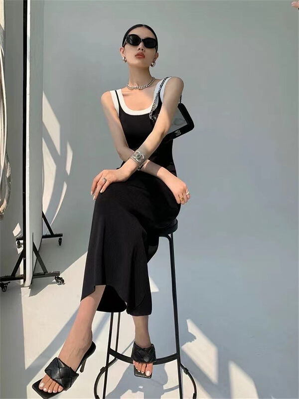 [top] contrast trim long suspender dress 9673\zjy
