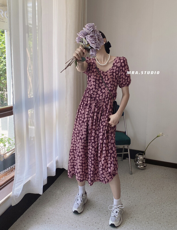 [MRA] French style square neck floral dress m9008