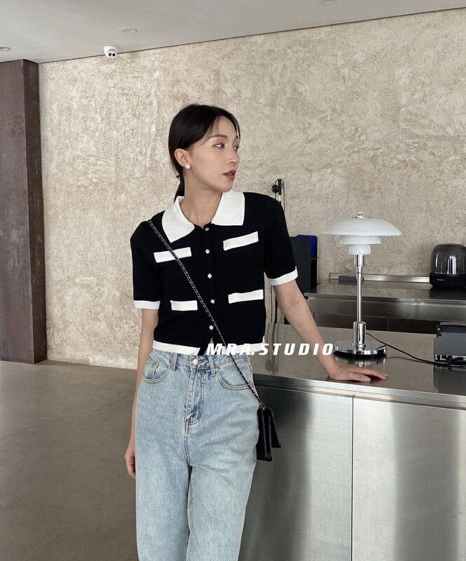 [MRA] lady xiaoxiangfeng temperament contrast color knitted cardigan m1861# zxl