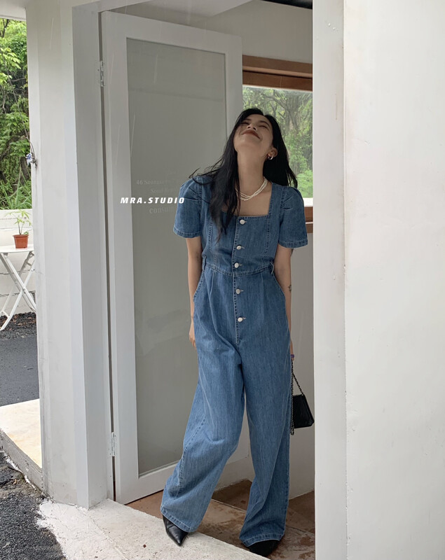 [MRA] Korean style high waisted denim Jumpsuit xt5069# cqw