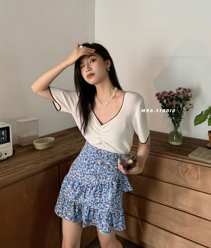 [MRA] V-neck color blocking fashion blouse m1872# zxl