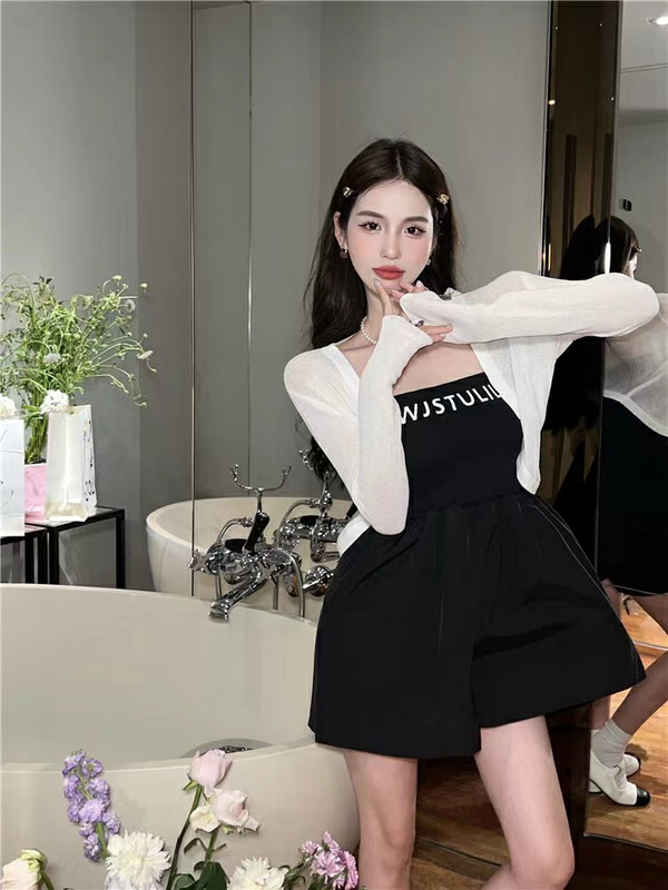 [top] short knitted cardigan + letter strapless dress set 9299# zjy