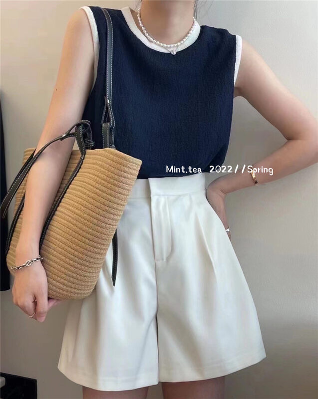 [mint tea] round neck contrast color edge loose vest / suspender 22197 \zjy