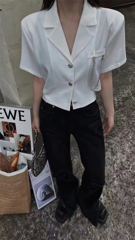 [top] suit collar short back hollowed out shirt 9325# zjy