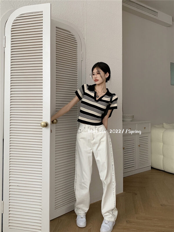 [mint tea] Polo neck stripe loose short sleeve T-shirt 22186 \zjy