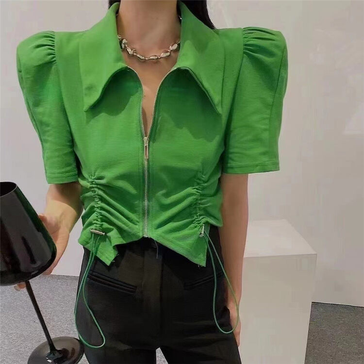 [top] irregular zipper drawstring personalized short sleeve T-shirt 9339\zjy