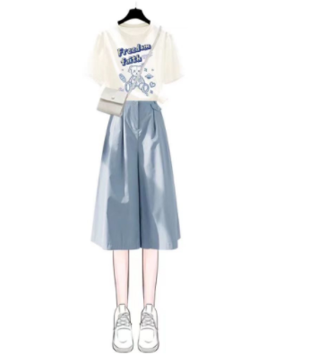 2022 summer new fashion suit female student Korean loose short sleeve T-shirt + wide leg pants skirt two piece set fashion