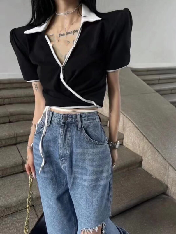 [top] online hot girl V-neck color contrast slim single breasted shirt 9286# zjy