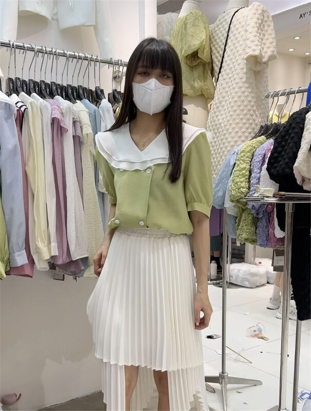 [liu-y] Korean version contrast large lapel double breasted shirt 16739# XJ