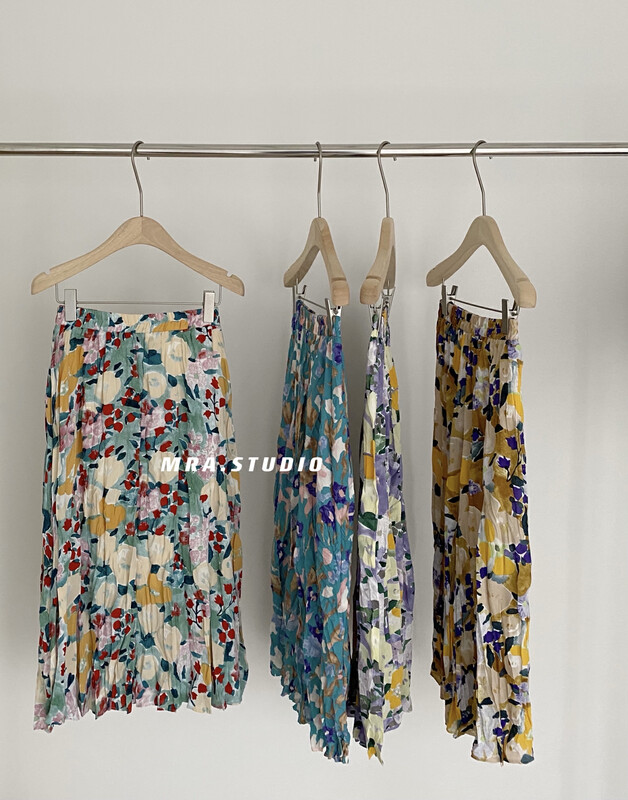 [MRA] Vintage Floral pleated medium length skirt m1835