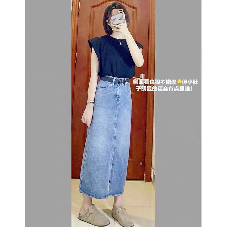 [J-star] medium length versatile slit denim skirt 6033# Cl