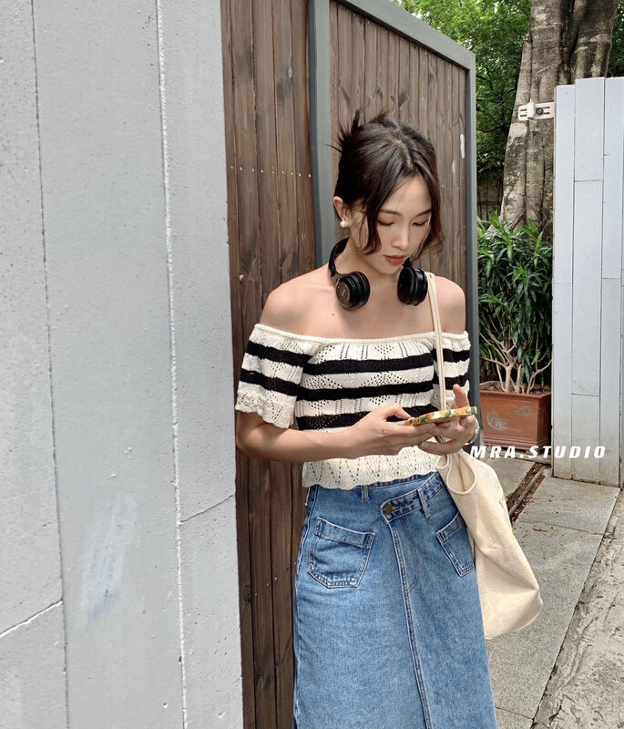 [MRA] Korean stripe contrast Ruffle shirt knitted short M1918