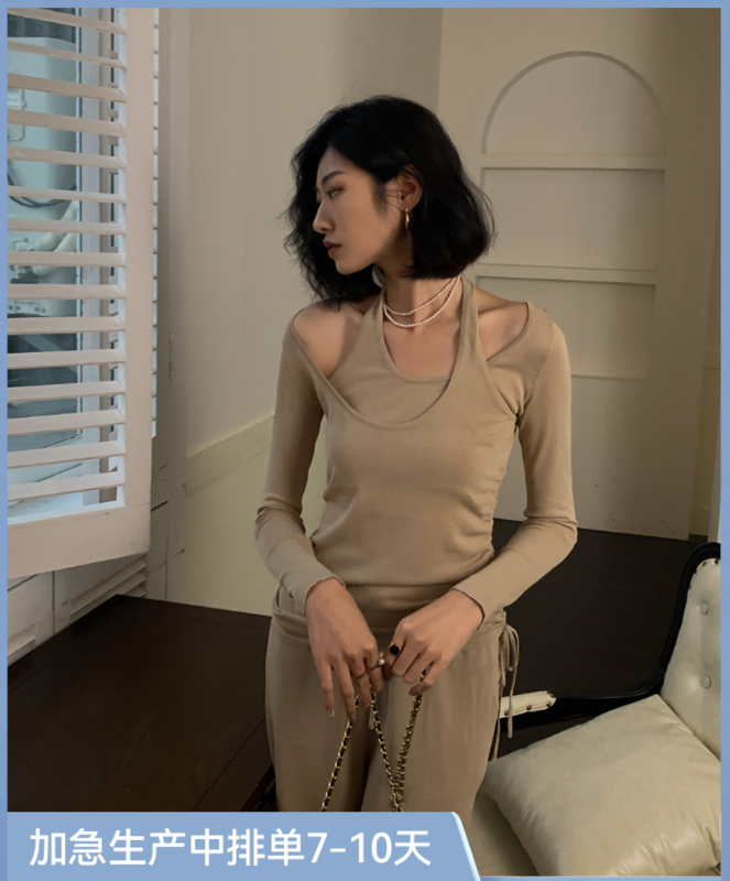 [white] hanging neck design sense of niche long sleeve T-shirt 75896# XYJ