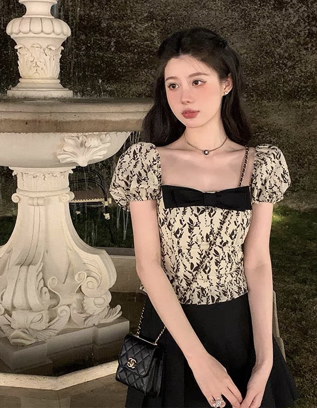 [mix mix mix] French style square neck small fragrance bow broken flower shirt 9913# ozq