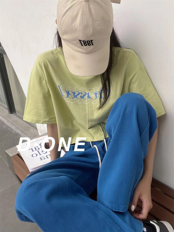 [liu-y] design sense hem button letters short sleeved T-shirt d17623# XJ