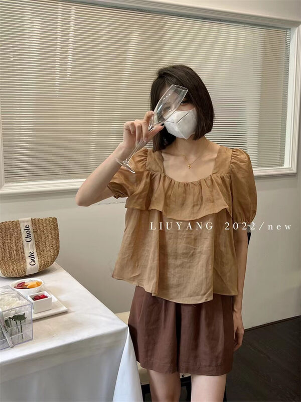 [liu-y] foreign style versatile ramie Square Neck Shirt l16826# XJ