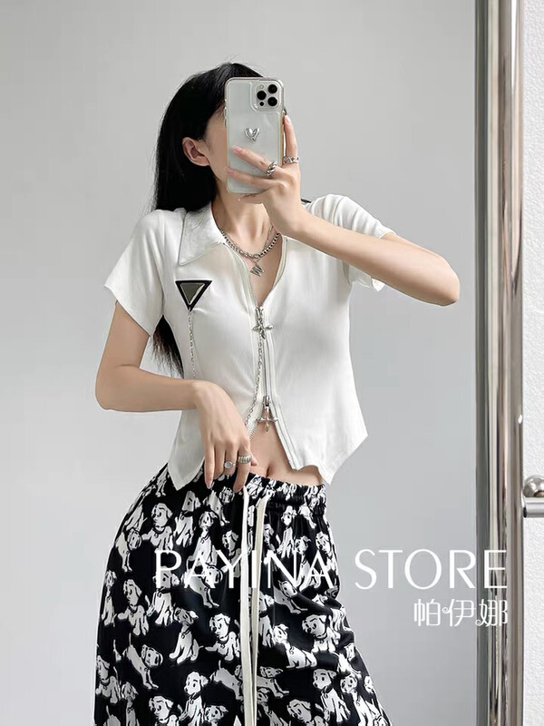 [top] chain design Triangle standard spice girl style shirt (detachable with chain) 9111# zjy