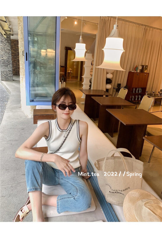 [mint tea] round neck color contrast edge knitted vest / suspender 22199 \zjy