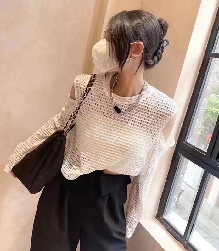 [top] hollow off off shoulder sleeve versatile long sleeve T-shirt 9890 \zjy