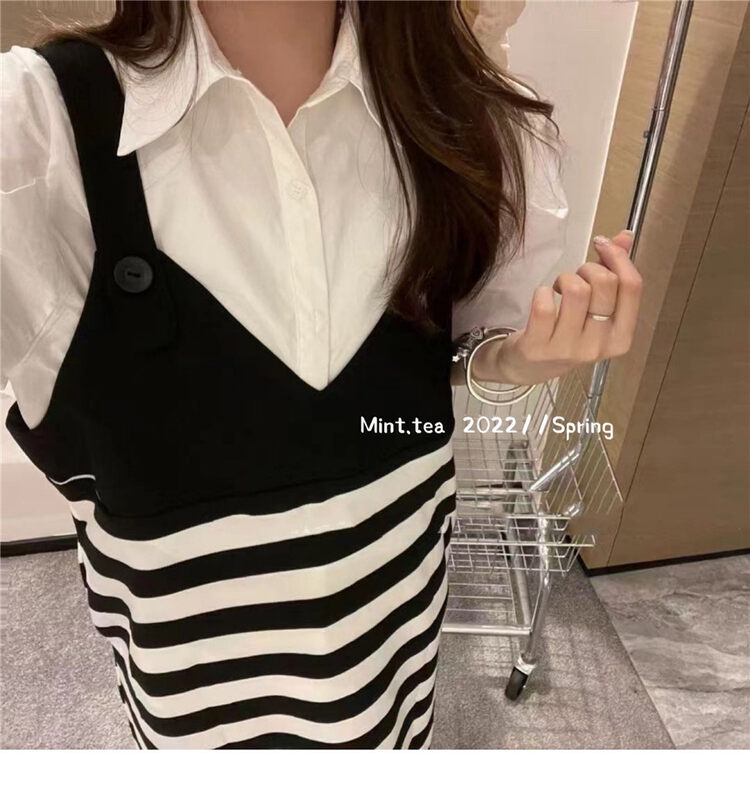 [mint tea] solid color shirt + suspender stripe suspender skirt suit (suit only) 22205 \zjy