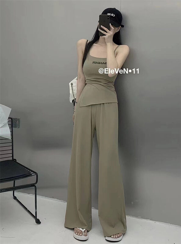 [top] letter versatile sling + elastic waist casual pants set 9629# zjy