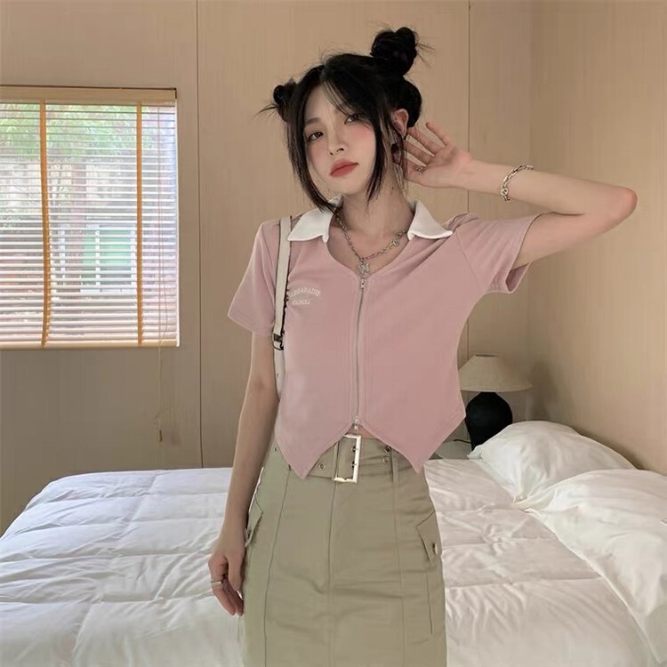 [vast charm] American sweetheart Spice Girl College style V-neck zipper shirt 6060# CLS