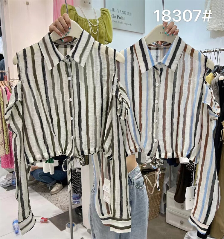 [liu-y] striped off shoulder sunscreen shirt 18307# XJ