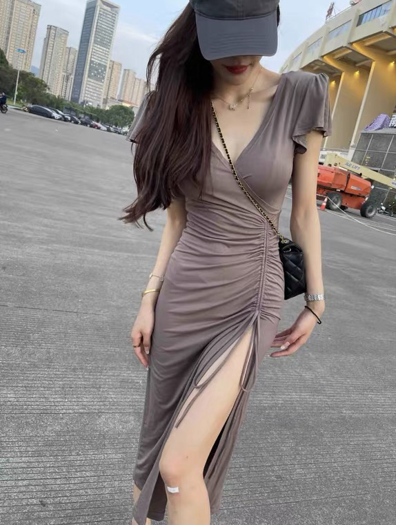 [top] V-neck drawstring slim fitting dress 9632# zjy