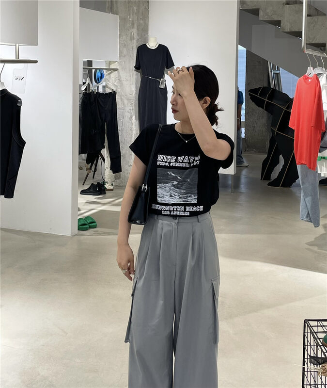 [blowing's] casual round neck lettered short sleeve T-shirt 68136# JJ