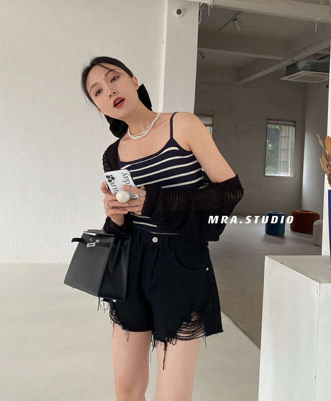 [MRA] fashion tassel hole high waist denim shorts m1891