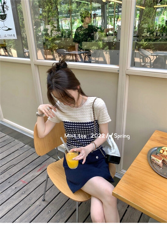 [mint tea] round neck color matching loose T-shirt + versatile skirt suit (suit only) 22190# zjy