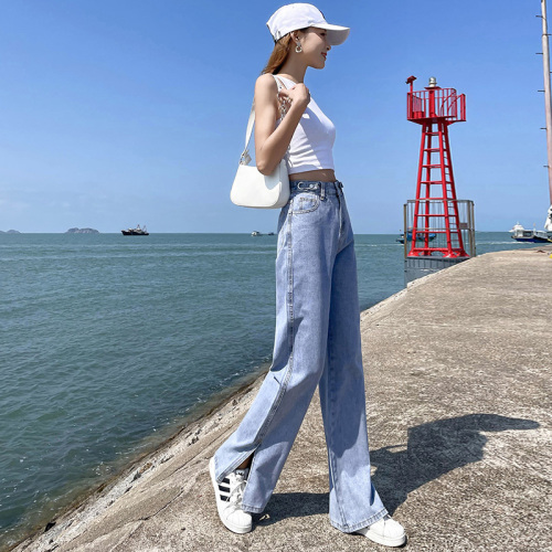Real time adjustment jeans women's 2022 spring new high waist thin straight tube floor dragging wide leg bifurcated micro flare pants