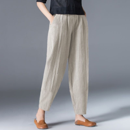 200 kg cotton cropped pants loose thin Imitation cotton linen elastic waist wide leg pants retro literary casual pants
