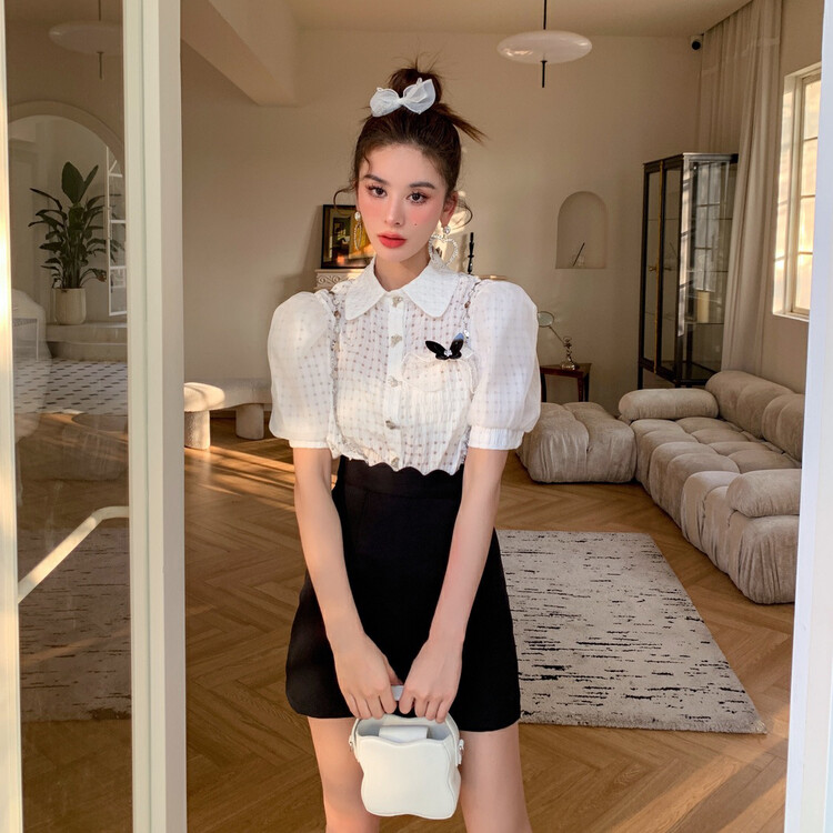 [Alala emelia] bubble sleeve bowknot craft shirt (with non detachable bowknot) s1758# JJ