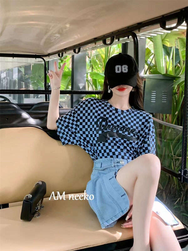 Original price 123.95! [neeko] round neck checkerboard short sleeve T-shirt + denim skirt set 3332# zxx
