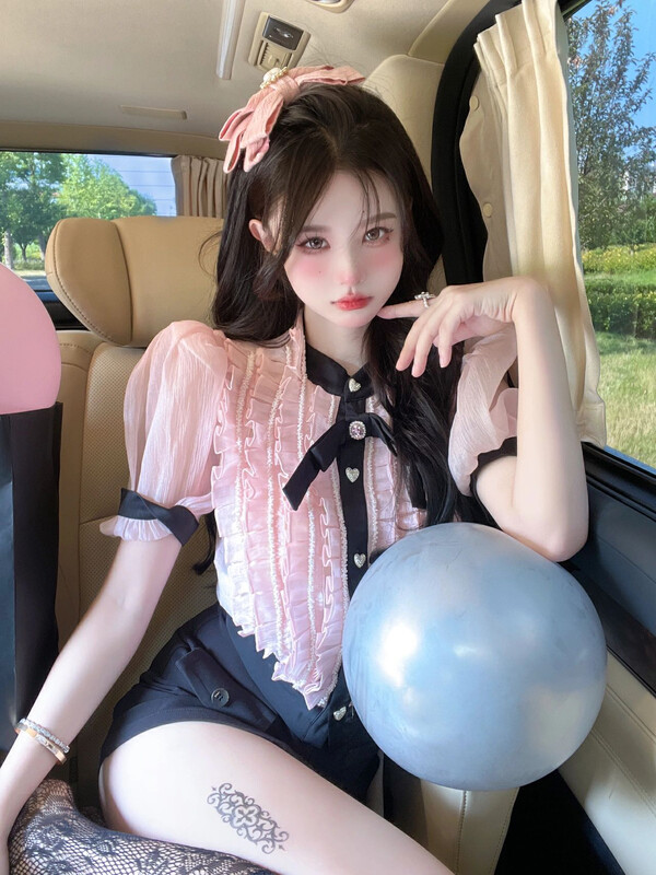 [Alala emelia] Rose Pink Rhinestone button auricular edge shirt (with Brooch) (detachable bow) s1715-1\jhy