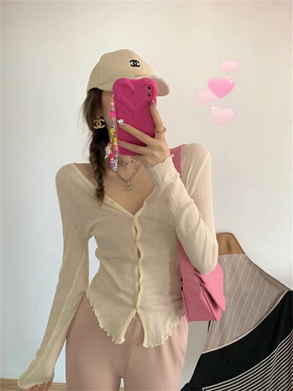 [MS studio] V-neck single breasted slim fitting sunscreen knitted cardigan 5902# PCZ