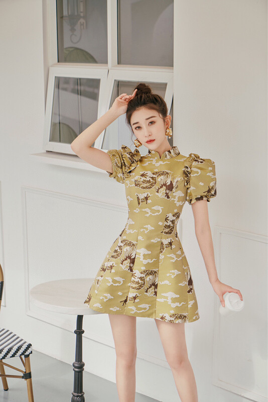 [Alala emelia] Golden Dragon jacquard Lantern Sleeve cheongsam dress l1857