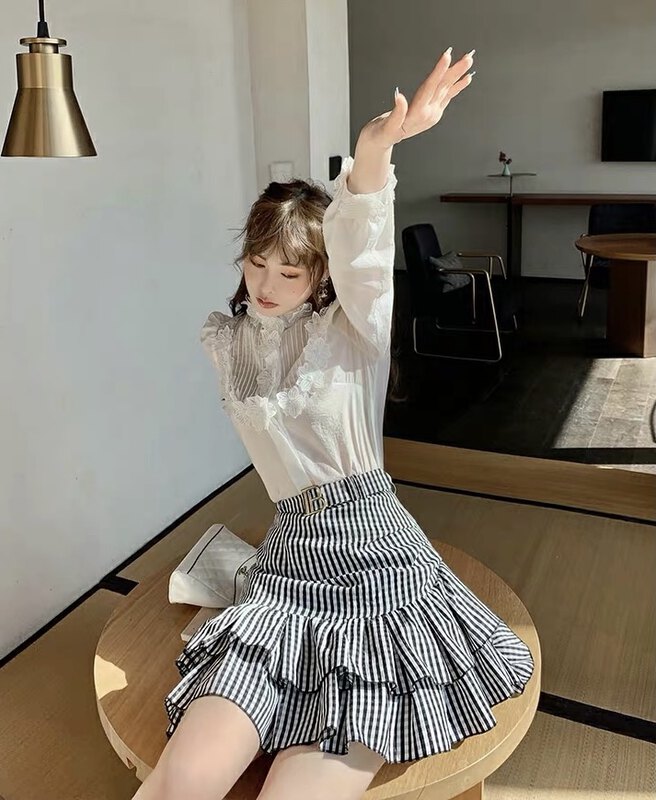 The original price is 98.99! New year in early spring! [Alala emelia] niche stripe irregular Ruffle hem Hip Wrap fishtail high waist skirt (non detachable belt) b1117# JJ