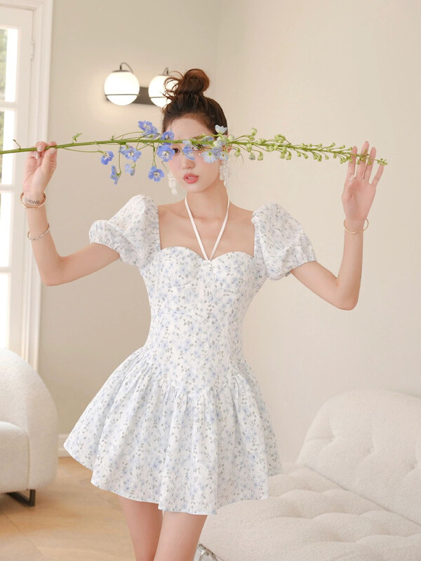 [Alala emelia] halter neck square neck blue floral dress l1725# JJ