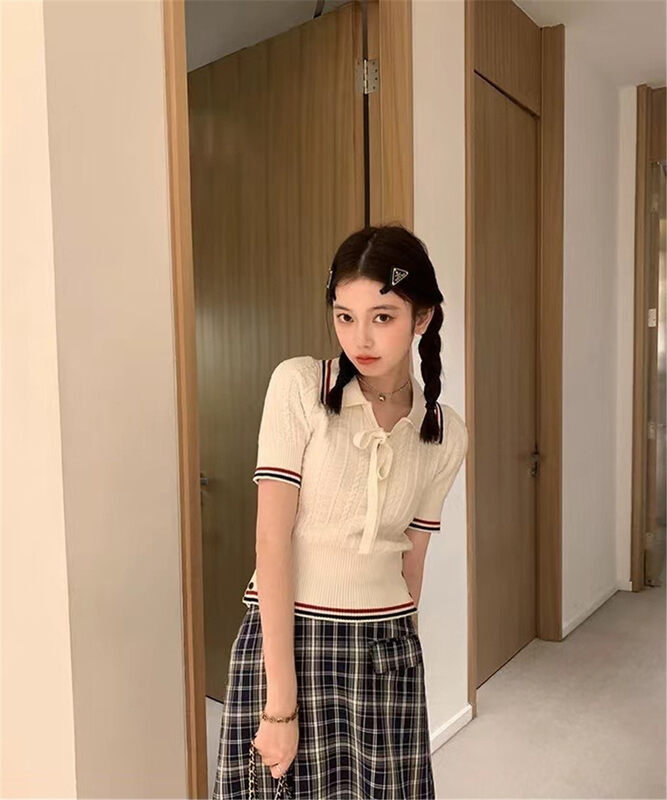 New in early summer! [MS studio] college style short sleeved lace up sweater 09087# PCZ