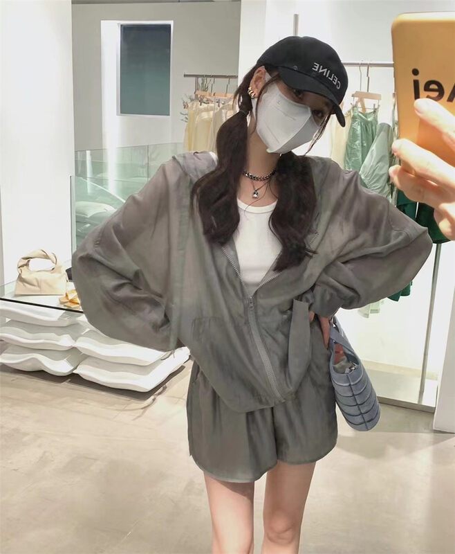 [MS studio] hooded loose sunscreen shirt + elastic waist casual shorts Tencel suit 9213# PCZ