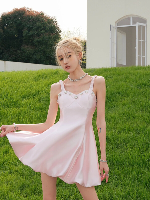 [Alala emelia] pink pleated gem suspender dress l1915# jhy