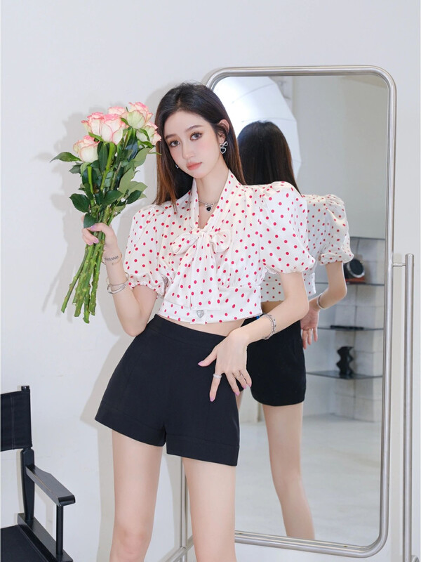 [Alala emelia] Polka Dot French collar bubble sleeve shirt s1762# JJ
